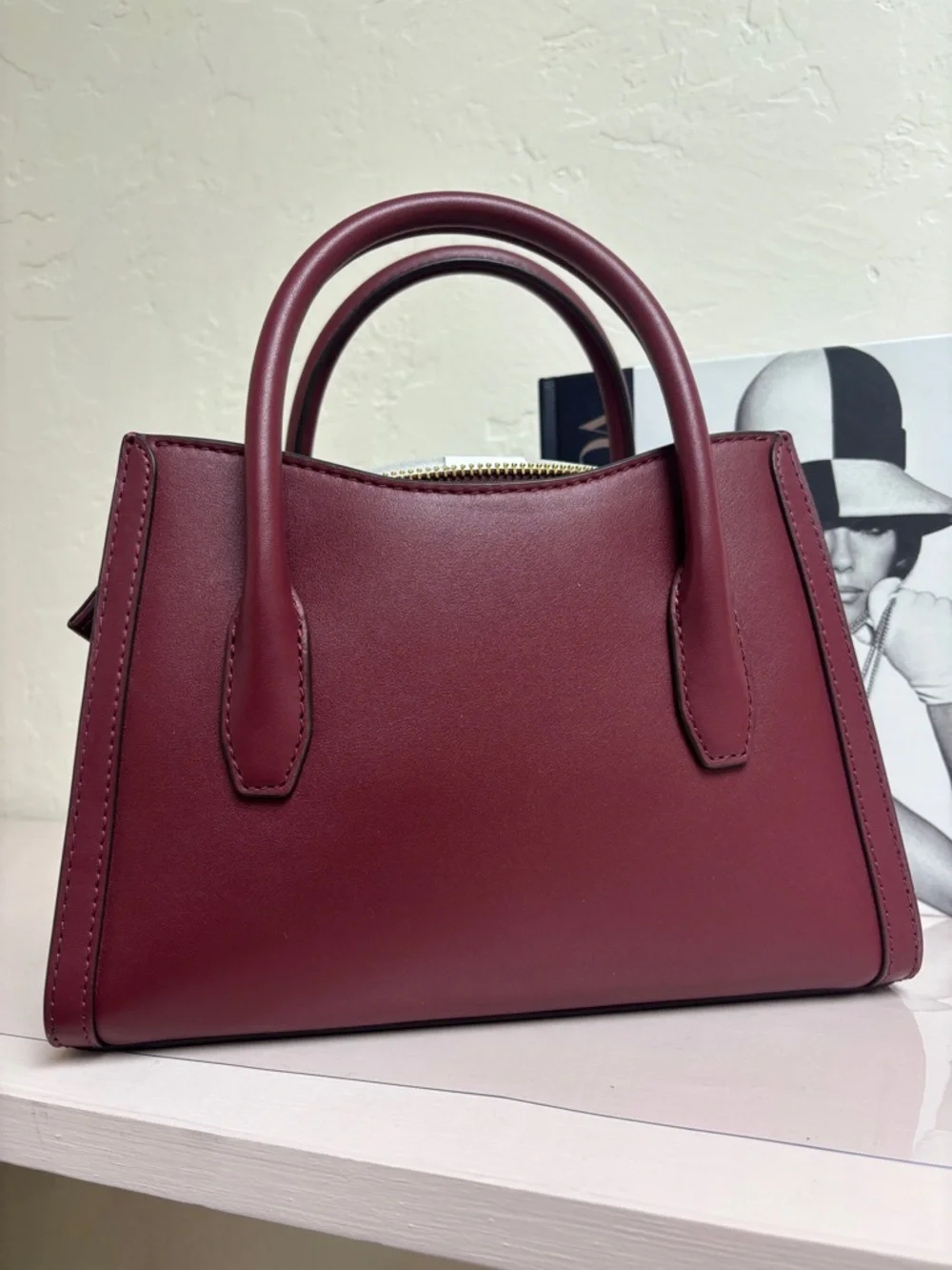 Michael Kors Wine Leather Top-Handle Satchel with Gold‎ MK Emblem